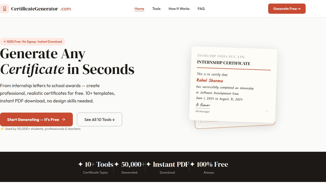 Free Internship Certificate Generator — Instant PDF Download